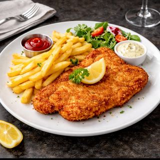 2 porți de șnițel de porc + 2 porți de cartofi prăjiți