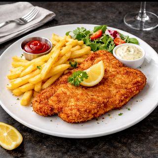 Fast food promo șnițel de porc cu cartofi 