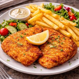 2 porți de șnițel de pui+ 2 porți de cartofi prăjiți