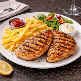 2 porți de piept de pui la grătar + 2 porți de cartofi prăjiți