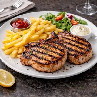 2 porții de cotlet la grătar + 2 porți de cartofi prăjiți