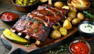 Platou coaste porc marinate la cuptor cu cartofi fripti si muraturi