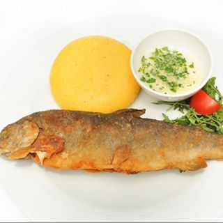 Pastrav prajit cu mamaliguta si legume la gratar