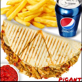 Quesadilla pui meniu (sand.+cartofi prajiti+bautura+sos)