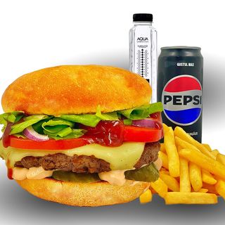 Meniu American Burger vita (sand.+cartofi prajiti+bautura+sos)