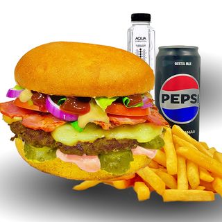 Meniu Bacon bbq burger vita (sand.+cartofi prajiti+bautura+sos)