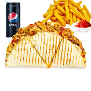 Meniu Quesadilla pui (sandwich+cartofi prajiti+bautura+sos)