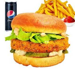 Meniu Burger Pui - Curcan (Sandwich + cartofi prajiti+ bautura + sos)