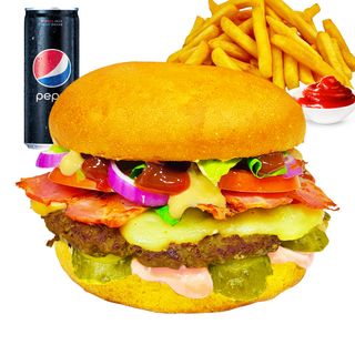 Meniu Bacon bbq burger vita (sandwich+cartofi prajiti+bautura+sos)