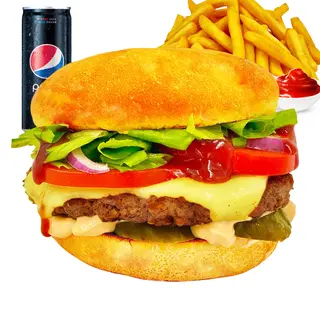 Meniu American Burger  vita  (sandwich+cartofi prajiti+bautura+sos)