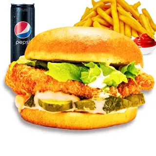 Meniu Snitel vienez pui (sandwich+cartofi prajiti+bautura+sos)