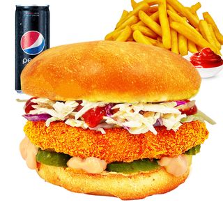 Meniu Burger Pui ( sand. +cartofi prajiti+ bautura+sos)