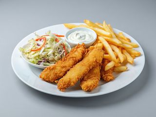 Crispy strips cu cartofi pai, salată varză și maioneză cu usturoi