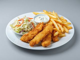 Crispy strips cu cartofi pai, salată varză și maioneză cu usturoi