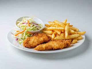 Șnițel de pui auriu cu cartofi pai și salată de varză - 500g