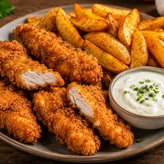 Crispy de pui cu cartofi dippers și sos de usturoi