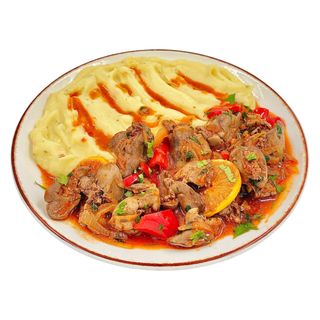 Ficatei pui cu sos de rosii cu garnitura la alegere