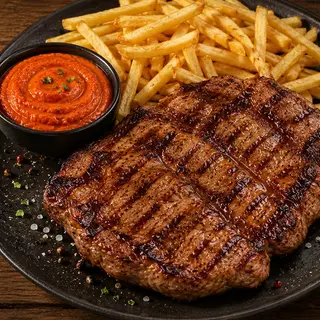 Ceafă de porc marinată cu cartofi prăjiți și sos de ardei