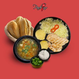 Ciorbă de perișoare+Piept de pui la grătar cu piure de cartofi+salată de varză