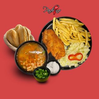 Ciorbă de fasole + Șnițel de pui cu cartofi prajiți+salată de varză