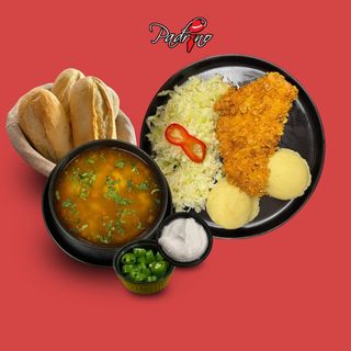 Ciorbă de legume + Piept de pui crispy cu piure de cartofi+salată de varză