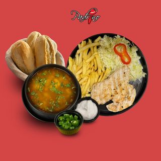 Ciorbă de legume+ Piept de pui la grătar cu cartofi prăjiți+salată de varză