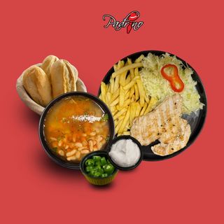 Ciorbă de fasole+Piept de pui cu cartofi prajiti+salata de varza