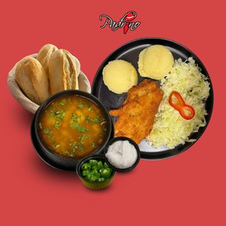 Ciorbă de legume+ Șnițel de pui cu piure de cartofi +salată de varză