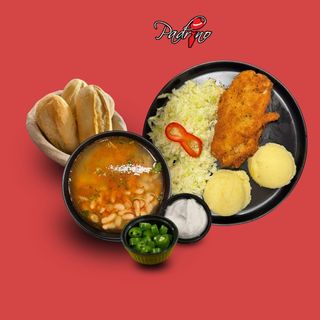 Ciorbă de fasole + Șnițel de pui cu piure de cartofi+ salată de varză