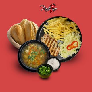 Ciorbă de perișoare+ Cotlet de porc cu cartofi prăjiți+salată de varză