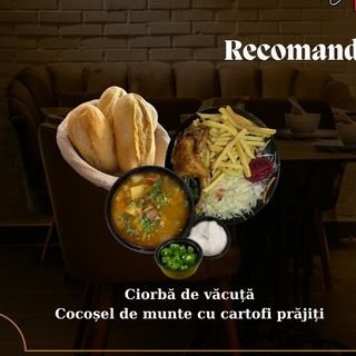 Ciorbă de văcuță+Cocoșel de munte cu cartofi prăjiți și salată de varză