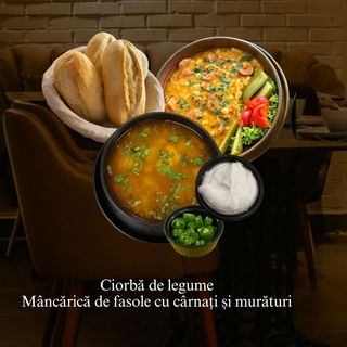 Ciorbă de legume + Mâncărică de fasole cu cârnați și murături