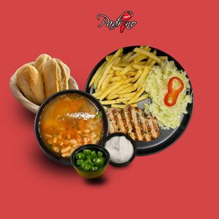 Ciorbă de fasole + Cotlet de porc cu cartofi prăjiți+salată de varză