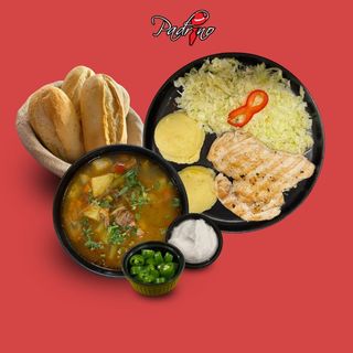 Ciorbă de văcuță+ Piept de pui la grătar cu piure de cartofi + salată de varză