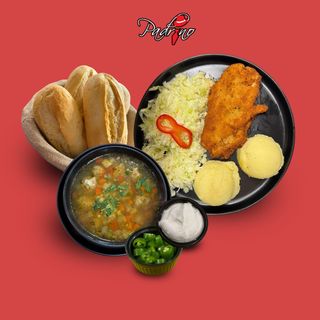 Ciorbă de perișoare+Șnițel de pui cu piure de cartofi+salată de varză