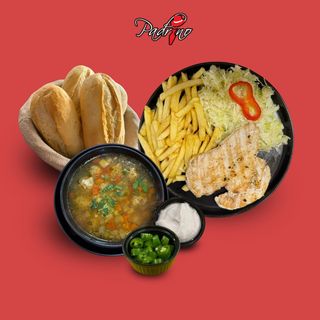 Ciorbă de perișoare+ Piept de pui la grătar cu cartofi prăjiți+salată de varză