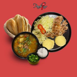 Ciorbă de văcuță+Ceafă de porc cu piure de cartofi+salată de varză