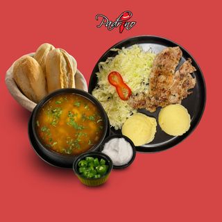 Ciorbă de legume+ Ceafă de porc cu piure de cartofi+salată de varză