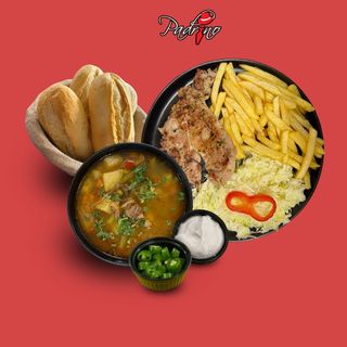 Ciorbă de văcuță+Ceafă de porc cu cartofi prăjiți+salată de varză