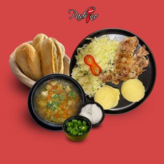 Ciorbă de perișoare+ Ceafă de porc cu piure de cartofi+salată de varză