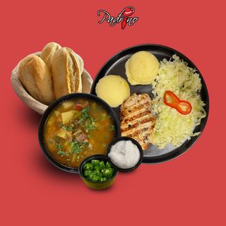 Ciorbă de văcuță+Cotlet de porc cu piure de cartofi+salată de varză