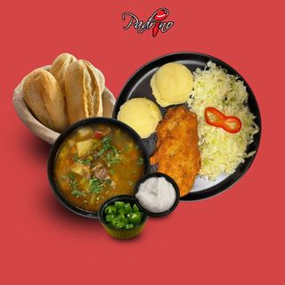 Ciorbă de văcuță + Șnițel de pui cu piure de cartofi+salată de varză