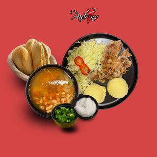 Ciorbă de fasole+ Ceafă de porc cu piure de cartofi+salată de varză