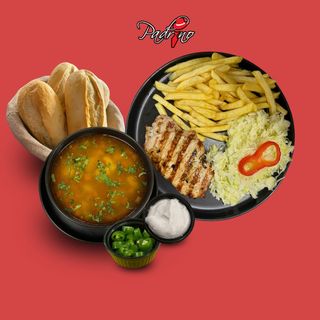 Ciorbă de legume+Cotlet de porc cu cartofi prăjiți+salată de varză