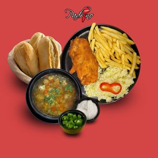 Ciorbă de perișoare+Șnițel de pui cu cartofi prăjiți+salată de varză