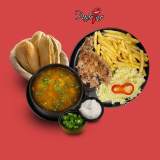 Ciorbă de legume + Ceafă de porc cu cartofi prăjiți+salată de varză