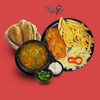 Ciorbă de legume+Șnițel de pui cu cartofi prăjiți+salată de varză