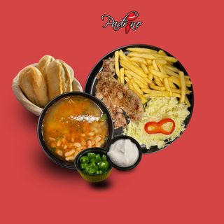 Ciorbă de fasole + Ceafă de porc cu cartofi prăjiți+salată de varză