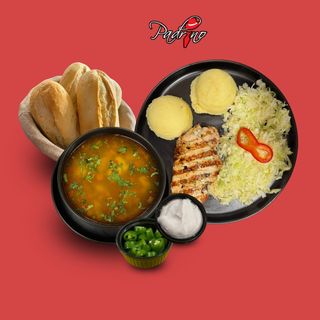 Ciorbă de legume+Cotlet de porc cu piure de cartofi+salată de varză