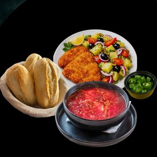 Ciorba de sfecla rosie + Snitel de soia + Salata orientala